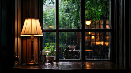 A serene indoor scene featuring a warm lamp, glass of beverage, and raindrops on a window, creating a relaxing atmosphere perfect for unwinding.の素材