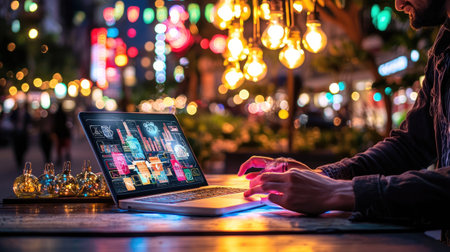 A person engages with a laptop under warm, glowing lights in a vibrant urban setting. This scene captures the essence of modern technology and creativity.の素材