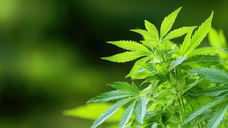 A close-up view of vibrant green cannabis leaves showcasing the intricate design and texture against a softly blurred natural background, ideal for herbal and wellness themes.の素材