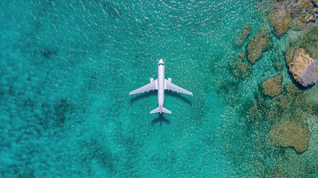 A captivating aerial view of a white airplane soaring over stunning turquoise waters, showcasing a beautiful landscape with rocky seabed underneath.の素材