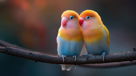 Two vibrant lovebirds sit closely together on a branch, showcasing their affectionate bond amidst a soft, colorful background, capturing a serene moment in nature.の素材