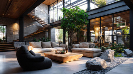 A stylish modern living room showcasing a cozy atmosphere with natural elements, large windows, comfortable furniture, and serene dの素材