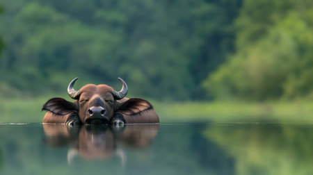 A water buffalo lays serenely in calm water, its reflection perfectly captured in the serene landscape, surrounded by lush greenery, evoking tranquility.の素材