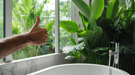 A hand displays a thumbs up gesture in a stylish bathroom, featuring lush plants and abundant natural light. The scene conveys relaxation and comfort.の素材
