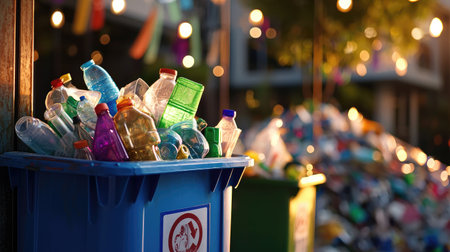 A vibrant scene depicting colorful plastic bottles overflowing from a blue recycling bin. The background features an outdoor setting with warm string lights, emphasizing the importance of environmental awareness and waste management practices.の素材