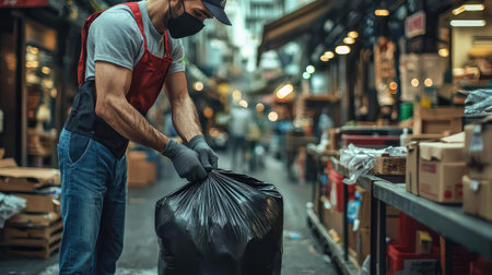 A dedicated worker collects garbage in a bustling urban market, emphasizing the importance of cleanliness and hygiene in community environments.の素材