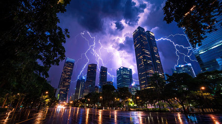 Captivating image of a thunderstorm illuminating a city skyline, showcasing skyscrapers amidst dramatic lightning and reflections on wet pavement.の素材