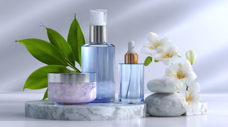 This captivating image showcases an elegant arrangement of skincare products, including lotions and serums, complemented by fresh greenery and white flowers.の素材