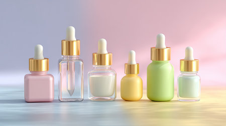 A collection of assorted glass bottles with pipettes showcasing skincare and beauty products. Soft pastel colors enhance the minimalist aesthetic, perfect for branding.の素材