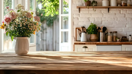 A serene kitchen scene featuring a wooden table adorned with a vase of fresh flowers. Sunlight filters through open windows, creating a bright atmosphere.の素材