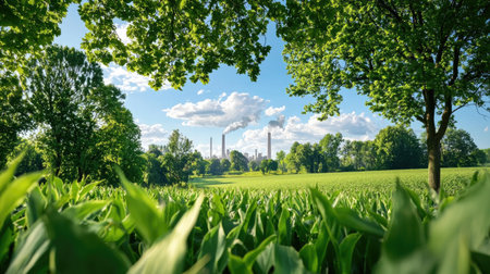 A vibrant green field stretches toward the horizon, framed by lush trees and rising smokestacks, set against a bright blue sky with puffy clouds.の素材