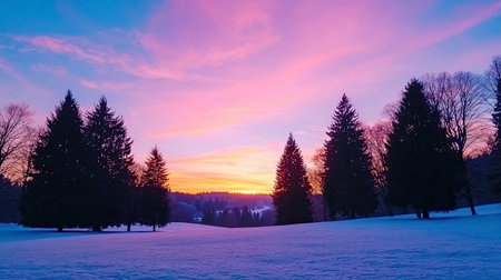 A stunning winter sunset casts vibrant colors across the sky, illuminating a snowy landscape with evergreen trees silhouetted against the horizon.の素材