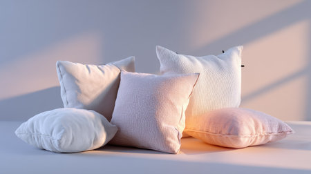 This image showcases a serene arrangement of decorative cushions in soft pastel tones, highlighting their gentle textures and cozy appeal in a minimalist setting.の素材