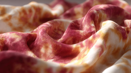 This stunning close-up showcases a vibrant and abstract fabric texture with soft waves in rich tones of red, yellow, and cream, perfect for various creative projects.の素材