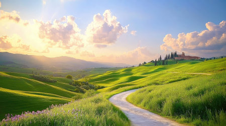 Discover a breathtaking view of serene rolling hills bathed in golden sunset light, framed by lush grass and dramatic clouds, creating a peaceful rural scene.の素材