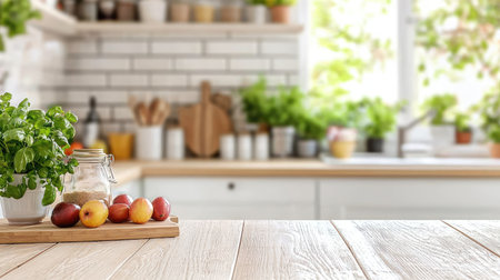 A serene kitchen scene featuring fresh herbs and colorful fruits on a wooden table, illuminated by warm sunlight, creating a cozy atmosphere ideal for cooking.の素材
