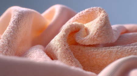 A close-up shot of a soft peach towel fabric, showcasing its plush texture and inviting warmth. Ideal for enhancing cozy bathroom aesthetics.の素材