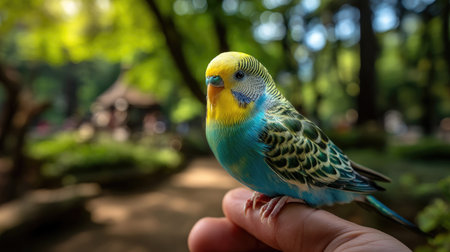 A vibrant budgerigar perched on a hand captures the essence of nature with its bright colors, showcasing a beautiful blend of blue and yellow feathers in a serene outdoor environment.の素材