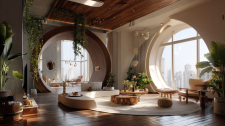 This image depicts a modern living room featuring circular architectural elements and an abundance of natural light, creating a cozy urban oasis.の素材