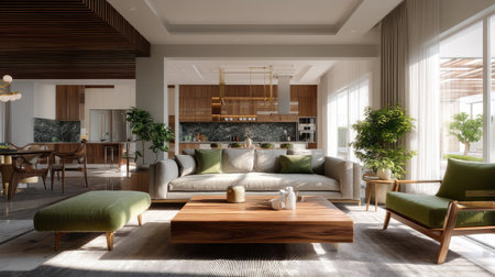 A beautifully designed living room showcasing a blend of modern furniture and natural elements, illuminated by abundant daylight, perfect for relaxation.の素材