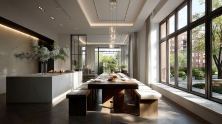 Discover a modern dining room that combines elegance and minimalism, featuring a spacious table, large windows, and warm, inviting decor with natural elements.の素材