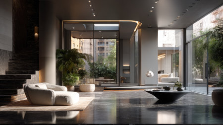 A stunning modern luxury living room featuring large glass windows that invite natural light, complemented by stylish furniture and green plants for a relaxing atmosphere.の素材