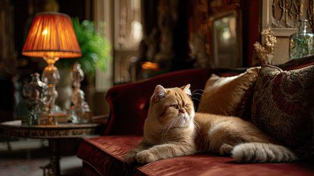 A delightful orange cat lounges gracefully on an elegant sofa in a beautifully decorated vintage room, creating a serene and cozy atmosphere.の素材