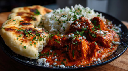 Savory chicken curry served with fluffy rice, soft naan bread, and garnished with fresh herbs and cheese, perfect for a delightful meal experience.の素材