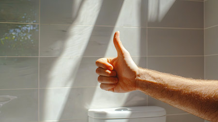 A close-up image of a hand giving a thumbs up gesture inside a bright modern bathroom, showcasing natural light and soft shadows that enhance the space's elegance.の素材