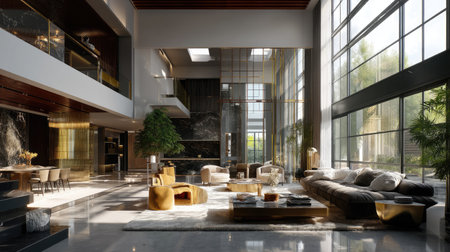 This image showcases a modern luxurious living room characterized by large windows, elegant furnishings, and a harmonious design that blends comfort and style.の素材