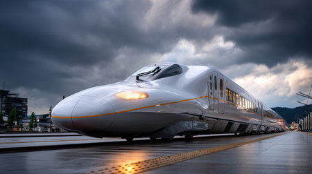 A sleek high-speed train approaches the platform at a modern railway station. Dramatic clouds and sunlight create an atmospheric backdrop, ideal for travel themes.の素材