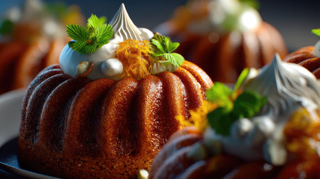 Indulge in the visual feast of beautifully crafted bundt cakes topped with cream and fresh mint, perfect for any celebration or dessert occasion.の素材