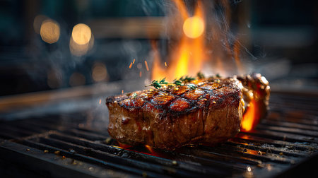 This captivating image showcases a perfectly grilled steak with flames dancing around it, creating an enticing and smoky atmosphere perfect for any food lover.の素材