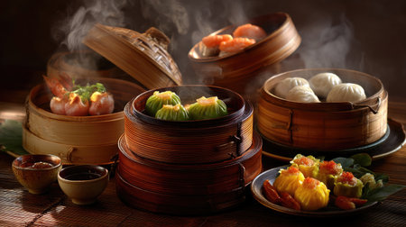 This beautiful image showcases an assortment of steaming dim sum, featuring various dumplings and buns nestled in traditional bamboo baskets, perfect for any Asian cuisine lover.の素材
