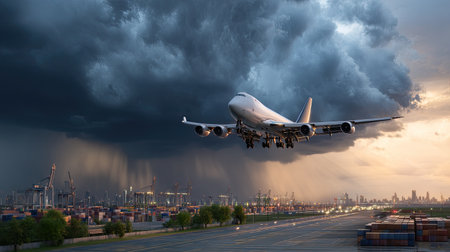 A large airplane is taking off into a stormy sky filled with dark clouds, set against a backdrop of an urban skyline and shipping containers.の素材