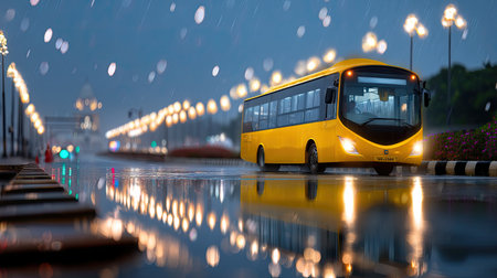 A vibrant yellow bus splashes through rain-soaked streets under a canopy of glowing streetlights. The scene captures a tranquil urban landscape, reflecting the beauty of a rainy journey.の素材