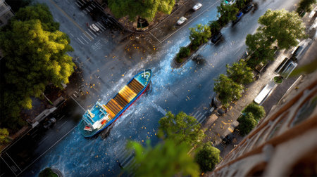 This stunning aerial photograph captures a vibrant cargo boat moving through a flooded city street, framed by lush green trees and vehicles.の素材