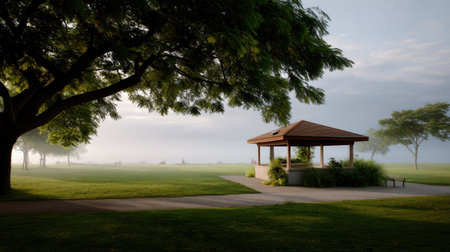 Serene morning scene featuring a gazebo nestled within lush greenery, enveloped in soft mist and illuminated by gentle sunlight, perfect for relaxation.の素材