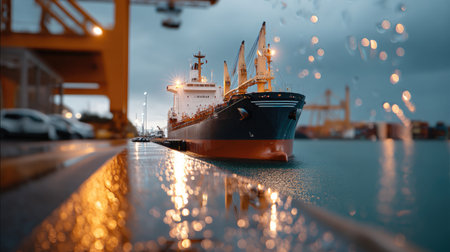 A large container ship is docked at a busy harbor during twilight. The dramatic sky, combined with reflections in the water and a bokeh effect, creates a captivating maritime scene.の素材