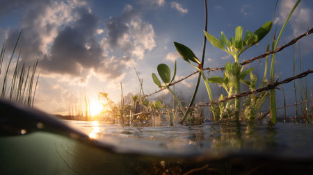 A captivating view capturing the interplay of sunlight, water, and greenery at sunset. Features barbed wire, with vibrant plant life emerging above the surface, highlighting nature's resilience and beauty.の素材