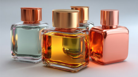 An exquisite arrangement of vibrant perfume bottles showcasing unique shapes and stylish caps. This visually appealing still life captures the essence of elegance in fragrance.の素材