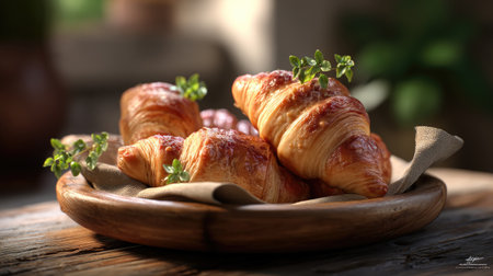 A close-up view of freshly baked croissants arranged on a wooden plate, complemented by herbs and soft natural light, creating a warm, inviting atmosphere.の素材