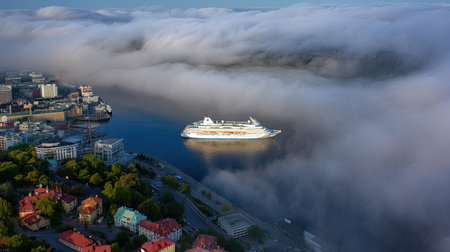 A stunning aerial view of a cruise ship gliding through misty waters, surrounded by a lush urban landscape and floating clouds, evoking a sense of tranquility.の素材