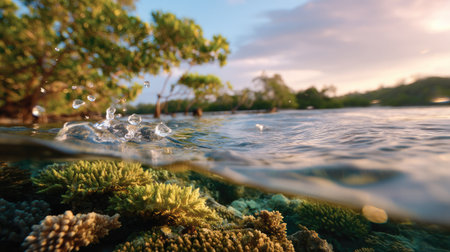 An enchanting underwater view of a vibrant coral reef with splashing water, framed by lush greenery under a beautiful sunset sky, showcasing natural beauty.の素材