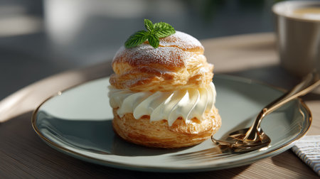 A beautifully presented classic cream puff topped with whipped cream and a fresh mint leaf, captured in soft natural light, perfect for desserts or cafes.の素材