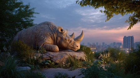 A stunning rhino sculpture rests peacefully in an urban environment at dusk. Surrounded by vibrant plants, it creates a tranquil scene amidst a bustling city.の素材