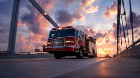 A fire truck drives along a bridge at sunset, showcasing vibrant clouds and warm colors. The scene highlights emergency services and urban infrastructure.の素材