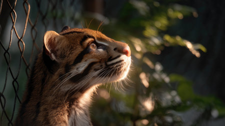 This stunning close-up photo captures a young wild cat gazing upward with a sense of curiosity. The play of natural light enhances its striking features, showcasing the beauty of wildlife in a serene setting.の素材