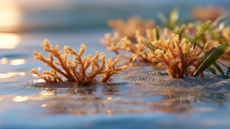 A stunning view of vibrant coral intertwined with seagrass, showcasing a healthy underwater ecosystem in clear blue waters. This peaceful marine habitat highlights the intricate beauty and biodiversity of ocean life.の素材