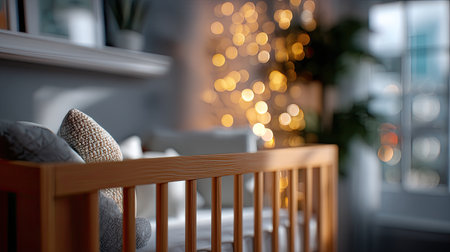 This image depicts a cozy nursery featuring a wooden crib adorned with soft pillows, surrounded by warm bokeh lights. The serene environment enhances comfort and tranquility, perfect for a child's peaceful sleep.の素材